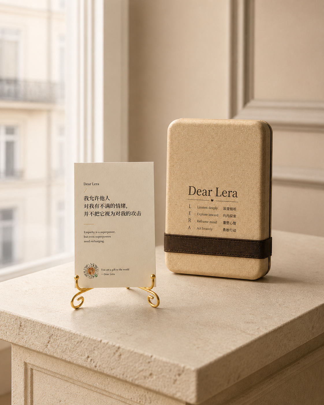 The Dear Lera heart-anchor card set in morning light
